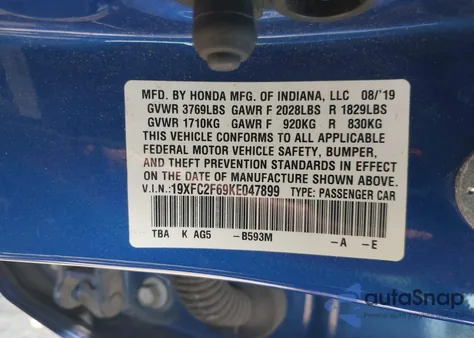 2019 Honda Civic Lx from USA, damaged, VIN 19XFC2F69KE047899